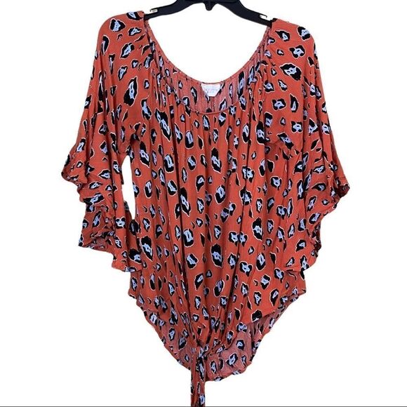 143 Story By Line Up Orange Leopard Off The Shoulder Tie Top Size XL - Picture 2 of 8